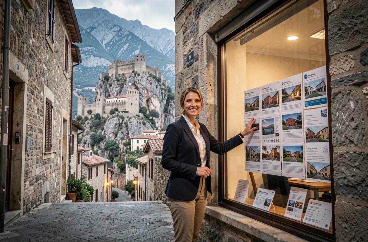 Agente de AB Immobilier à Corte devant la citadelle génoise perchée sur son rocher