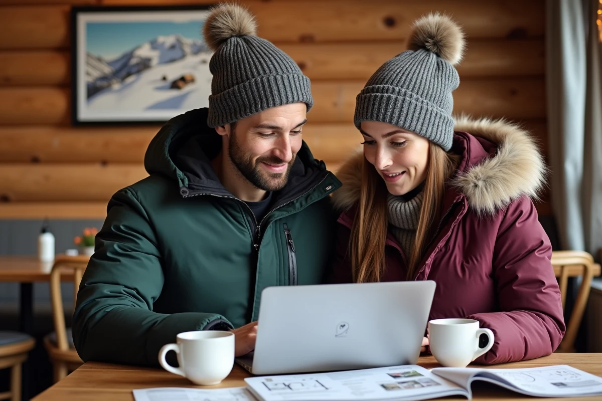 Couple d'acheteurs consultant des annonces immobilières pour un appartement aux Menuires à fort rendement locatif
