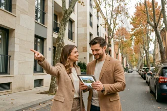 Couple d'acheteurs consultant un site immobilier devant une maison lyonnaise