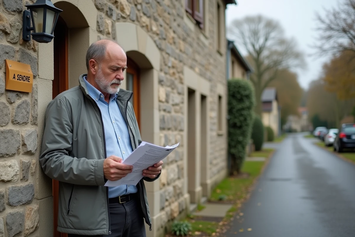 Acquéreur immobilier étudiant un dossier devant une maison en pierre à vendre à Limoges avec panneau immobilier visible