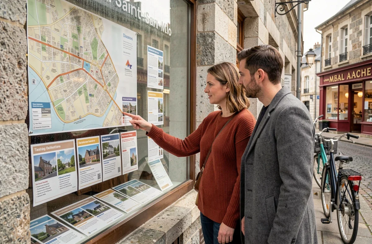 Couple de nouveaux arrivants étudiant les quartiers de Saint-Malo sur une vitrine d'agence immobilière dans le quartier Saint-Servan