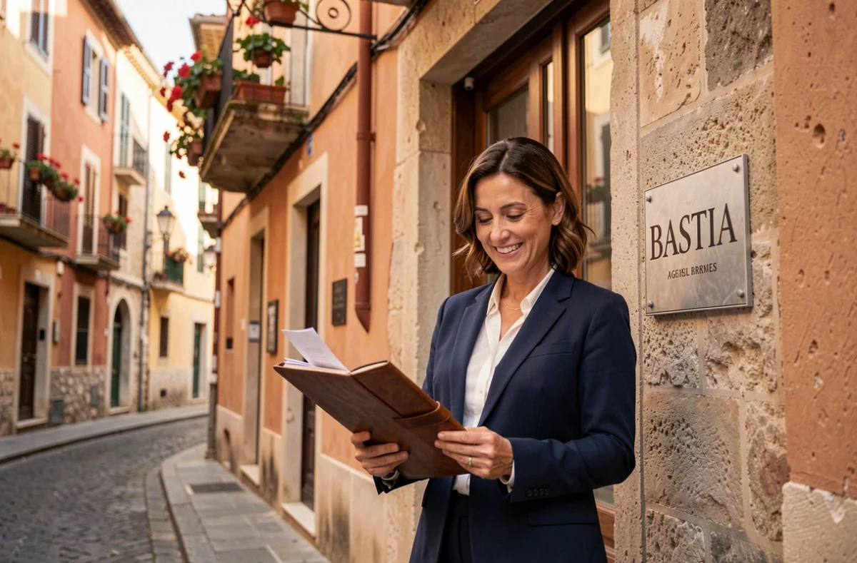 Agent de l'agence immobilière Martelli à Bastia devant la façade de l'agence en vieille ville