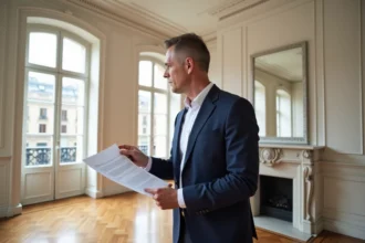 Agent immobilier dans un appartement ancien rénové de style haussmannien tenant un document d'estimation de rentabilité immobilière