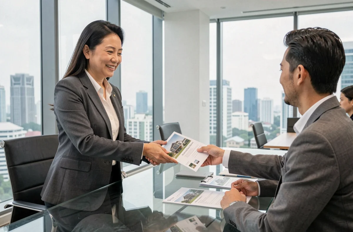 Agent immobilier thaïlandais présentant des brochures de propriétés à un acheteur français dans un bureau moderne de Bangkok