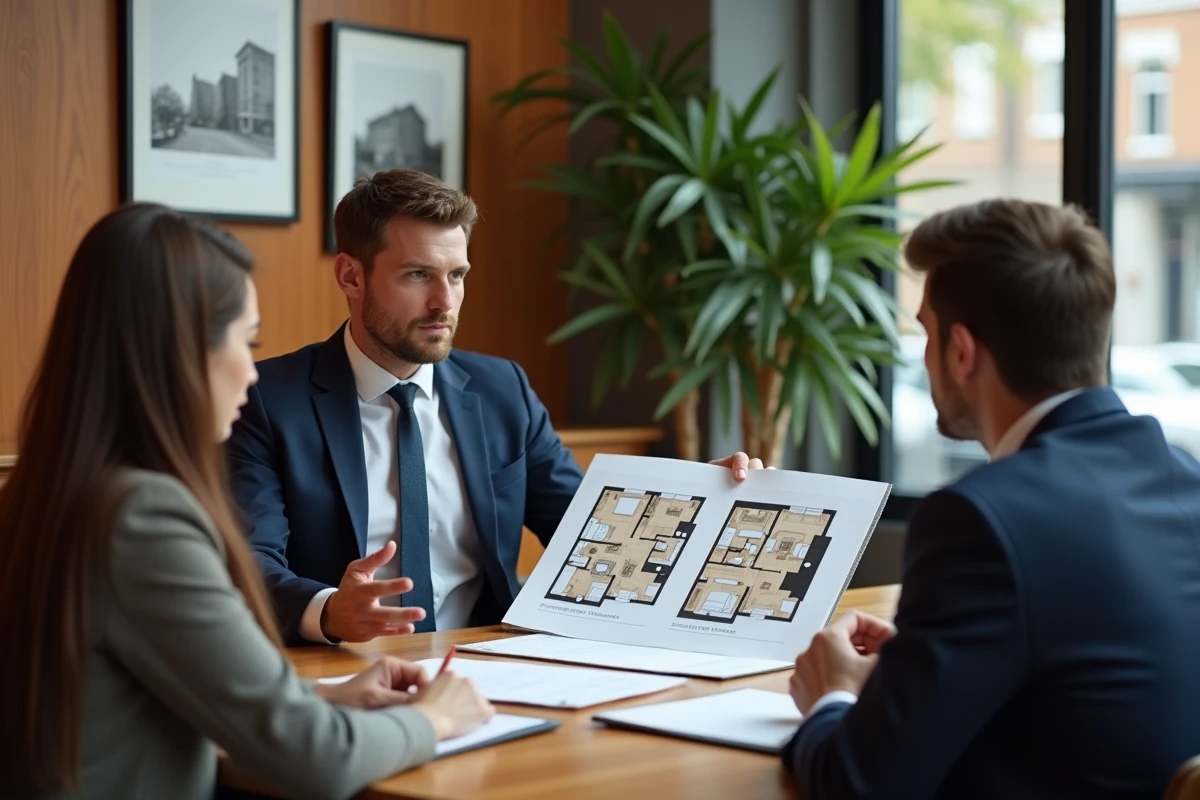 Agent immobilier présentant une comparaison T2 ancien et neuf à un couple d'acheteurs