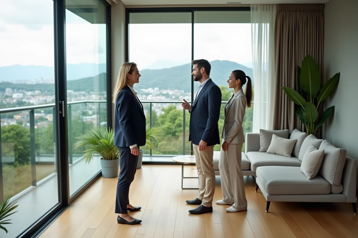 Agent immobilier thaïlandaise présentant un appartement en condominium moderne à Phuket à un couple d'expatriés occidentaux