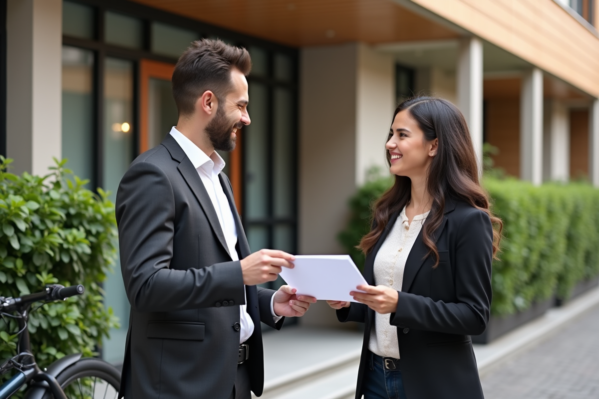 Agent immobilier remettant un contrat à un étudiant devant un immeuble