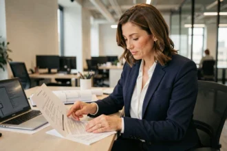 Agent immobilier féminine en blazer marine analysant un contrat de logement dans un bureau moderne avec plans architecturaux