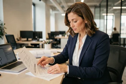 Agent immobilier féminine en blazer marine analysant un contrat de logement dans un bureau moderne avec plans architecturaux