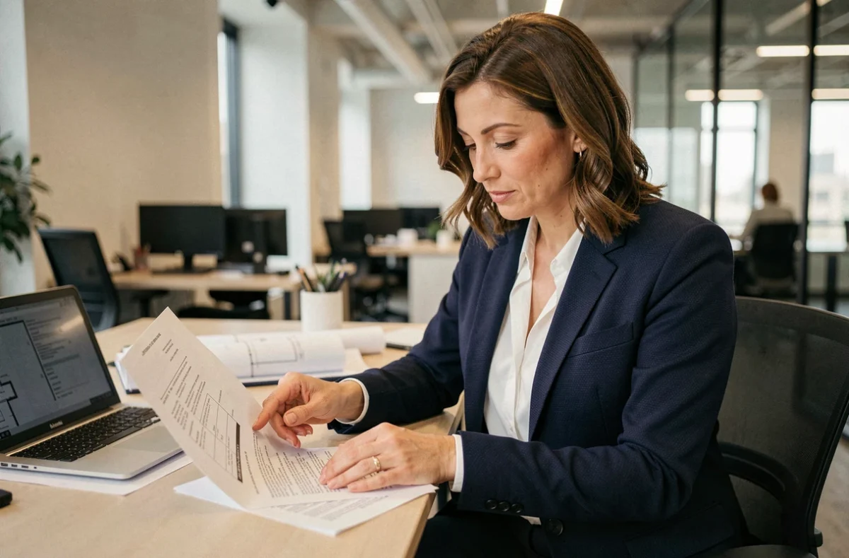 Agent immobilier féminine en blazer marine analysant un contrat de logement dans un bureau moderne avec plans architecturaux