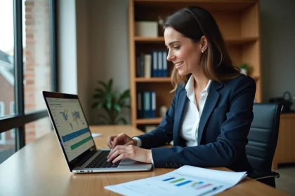 Agent immobilier analysant des données d'estimation de biens immobiliers sur un ordinateur portable avec des cartes et tableaux de valeurs foncières