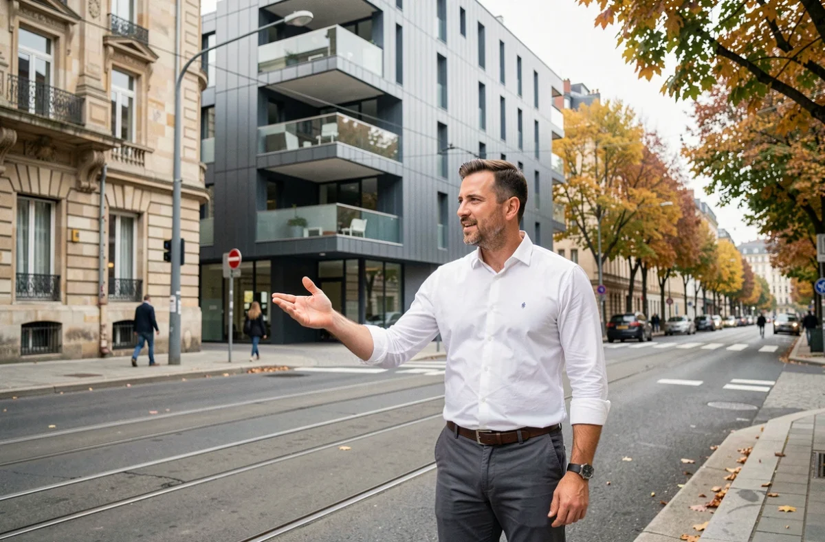 Agent immobilier présentant un immeuble résidentiel moderne dans un quartier lyonnais en transformation urbaine