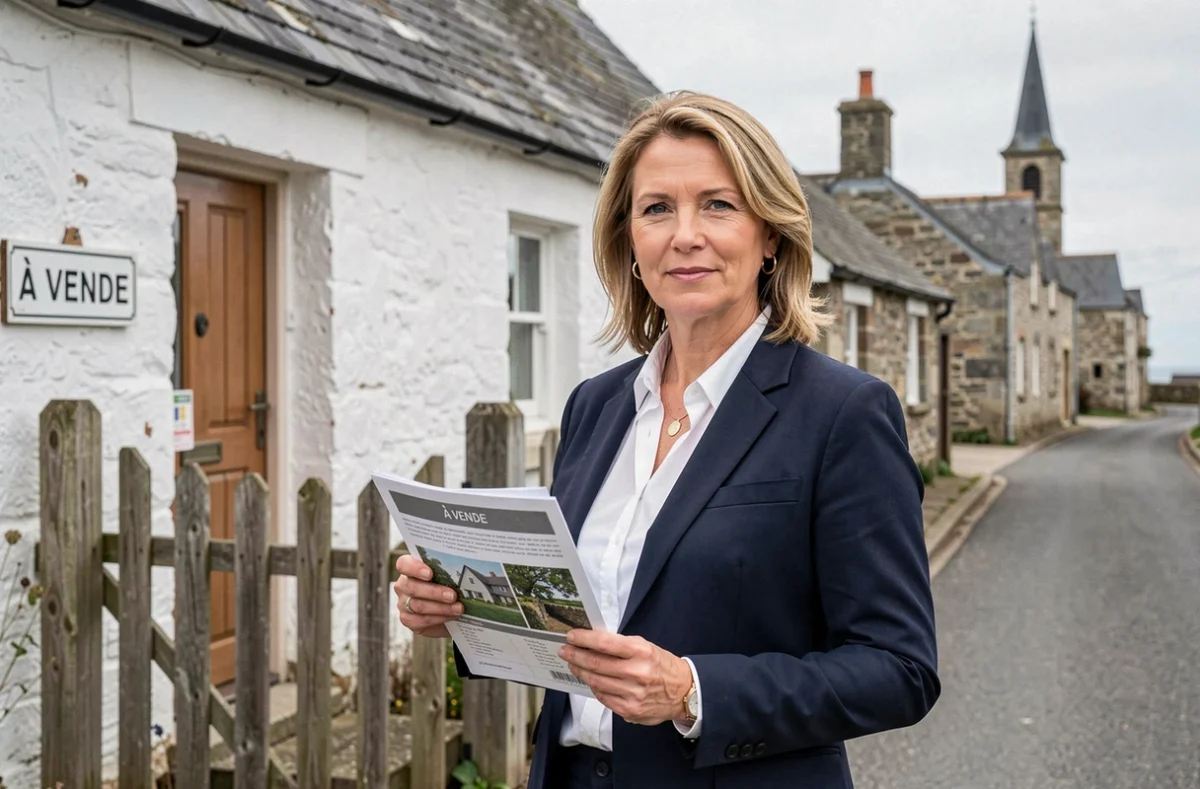 Agent immobilier devant une petite maison de pêcheur à vendre dans un village côtier