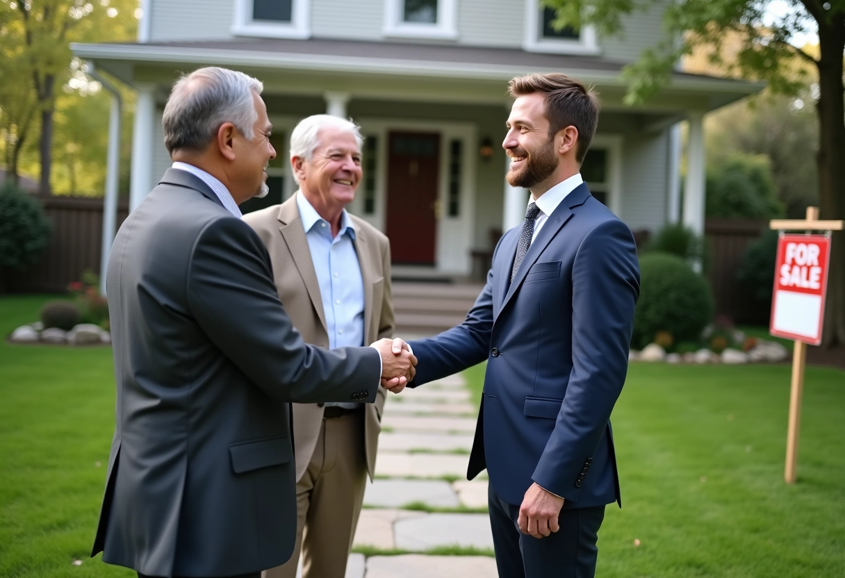 Agent immobilier souriant avec une famille devant une maison en vente