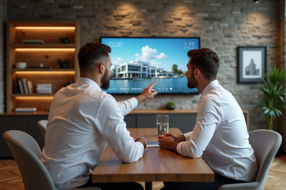 Agent immobilier de luxe présentant une estimation immobilière en ligne à un client dans une agence immobilière haut de gamme