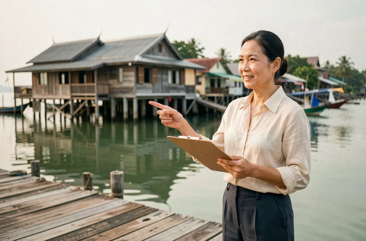 Agent immobilier thaïlandaise présentant une propriété en bord de mer dans un village de pêcheurs typique de Thaïlande