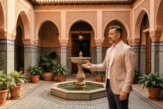 Agent immobilier marocain présentant un riad rénové à Marrakech avec cour en zellige et fontaine centrale