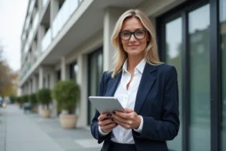 Agent immobilier professionnelle tenant une tablette avec des annonces devant un immeuble moderne