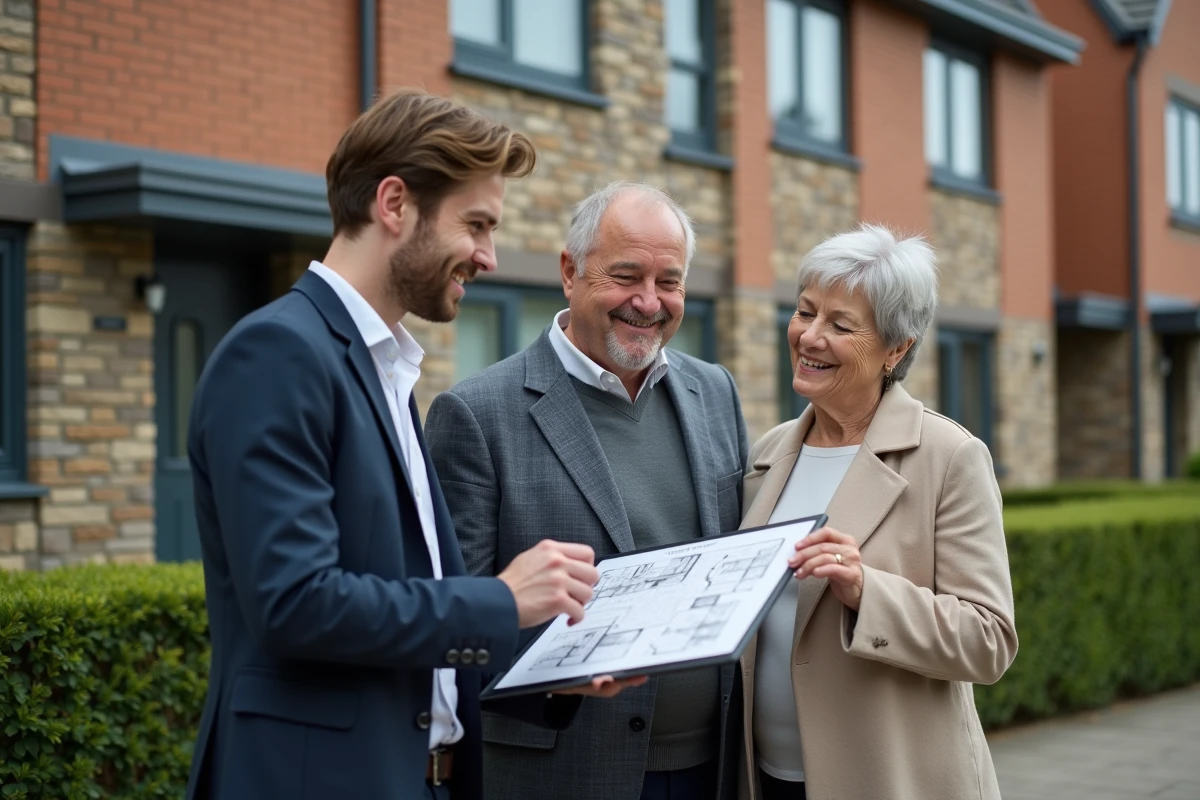 Agent immobilier souriant montre un plan à un couple devant une maison
