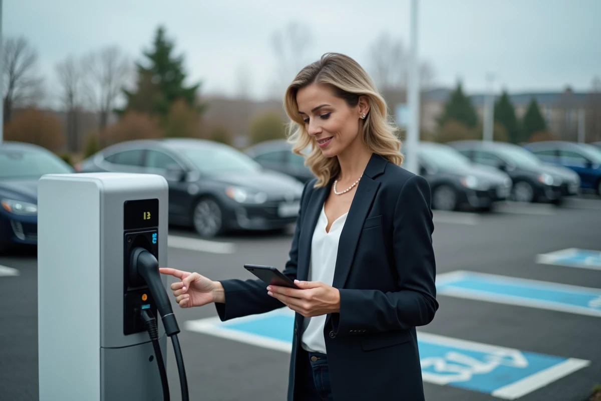 Femme analysant le prix d'une borne de recharge dans un parking urbain