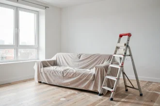 Appartement meublé en cours de rénovation avec échelle et rouleau de peinture