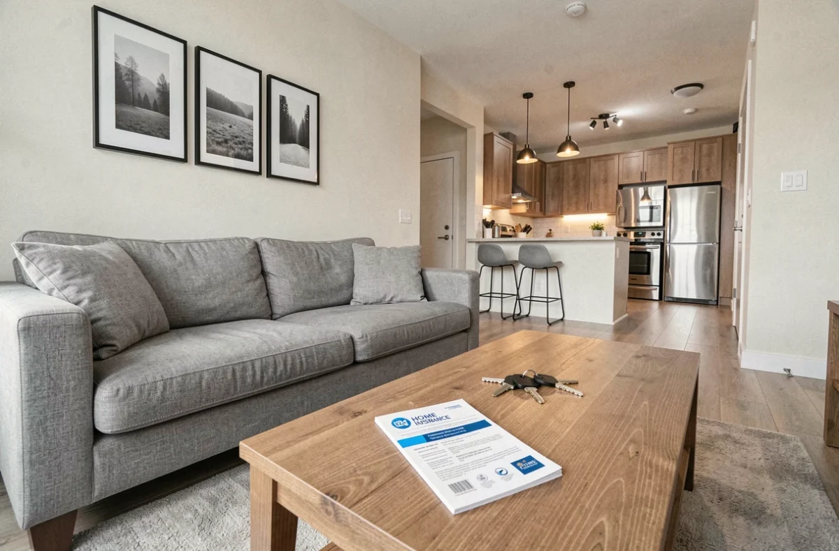 Intérieur d'un appartement meublé en location avec documents d'assurance habitation posés sur la table basse