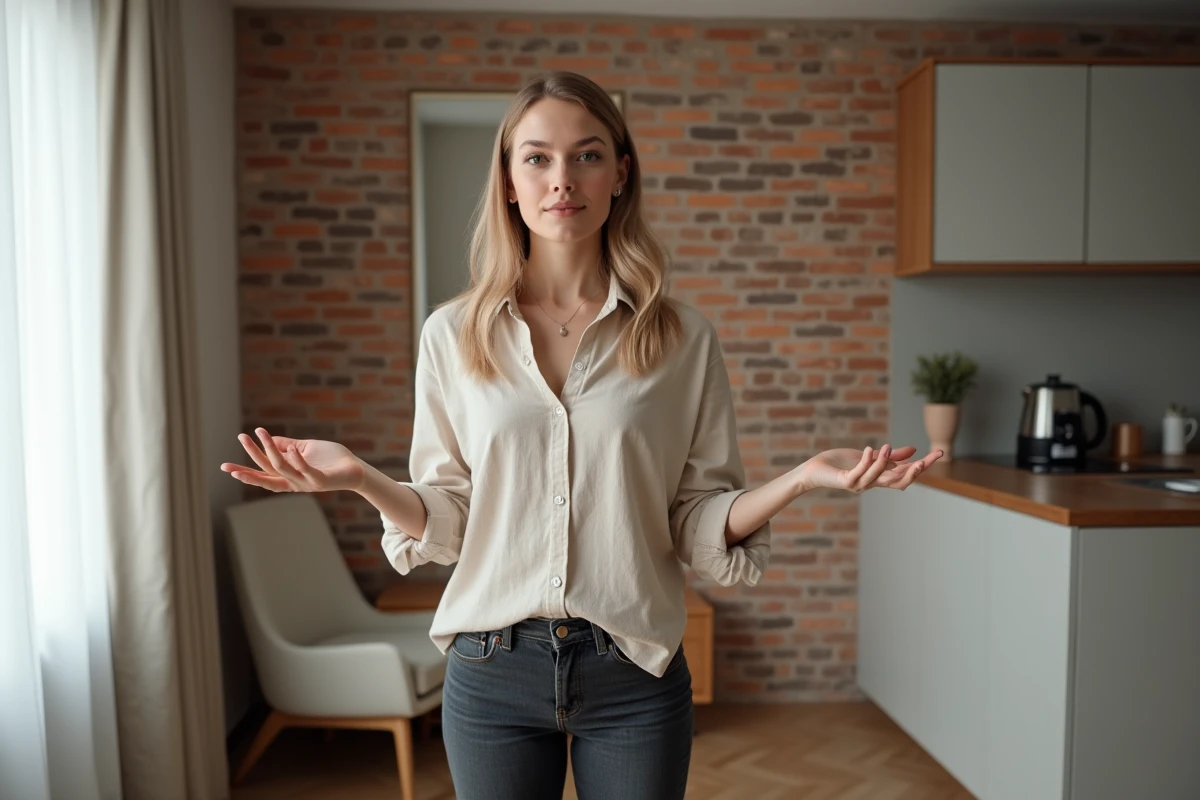 Jeune femme présentant la chambre séparée d'un appartement T1bis avec alcôve et espace de vie distinct