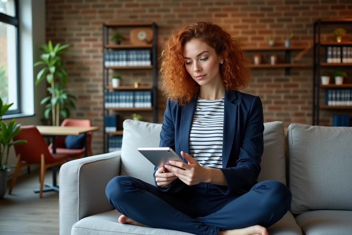 Femme consultant une application de configuration immobilière sur tablette dans un espace de coworking lumineux