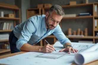 Architecte analysant un plan en coupe de terrain et de construction sur une table à dessin en studio