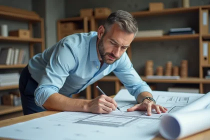 Architecte analysant un plan en coupe de terrain et de construction sur une table à dessin en studio