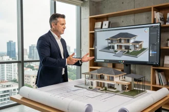 Architecte professionnel en studio examinant des plans et maquettes pour la construction d'une villa haut de gamme