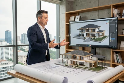 Architecte professionnel en studio examinant des plans et maquettes pour la construction d'une villa haut de gamme