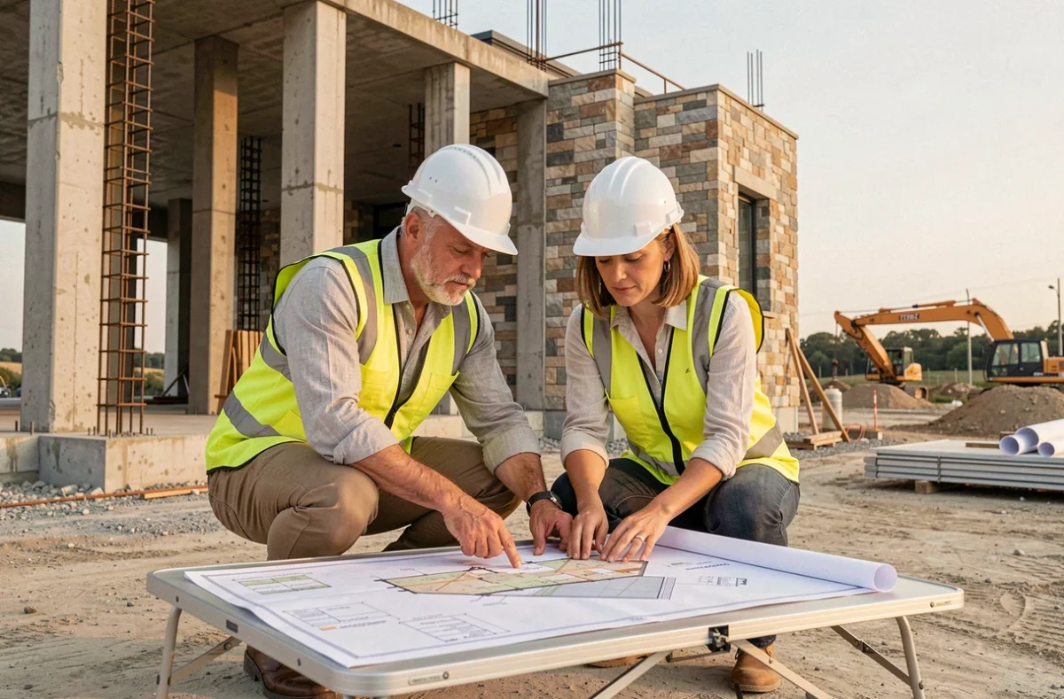 Deux architectes en discussion sur un chantier de construction de villa de luxe avec plans et structure en béton