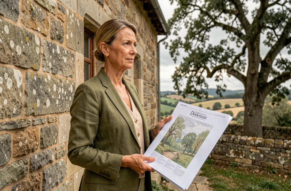 Architecte du cabinet Dodeman inspectant une façade en pierre du patrimoine en Périgord
