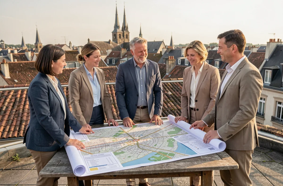 Équipe d'ARS Architectes Urbanistes Associés étudiant un plan d'urbanisme sur une terrasse avec vue sur la ville