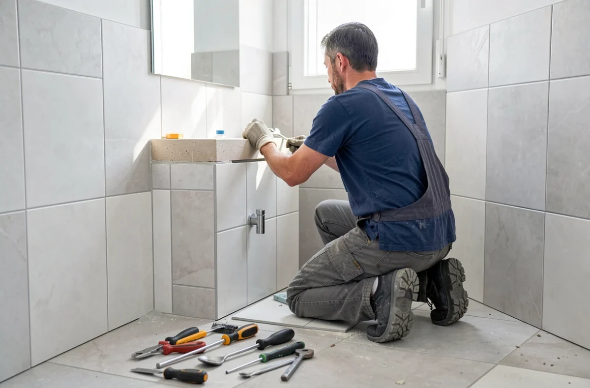 Artisan posant du carrelage dans une salle de bains d'appartement