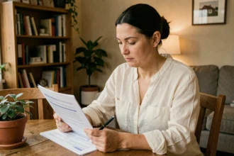 Femme locataire examinant un contrat d'assurance multirisque habitation dans un appartement meublé