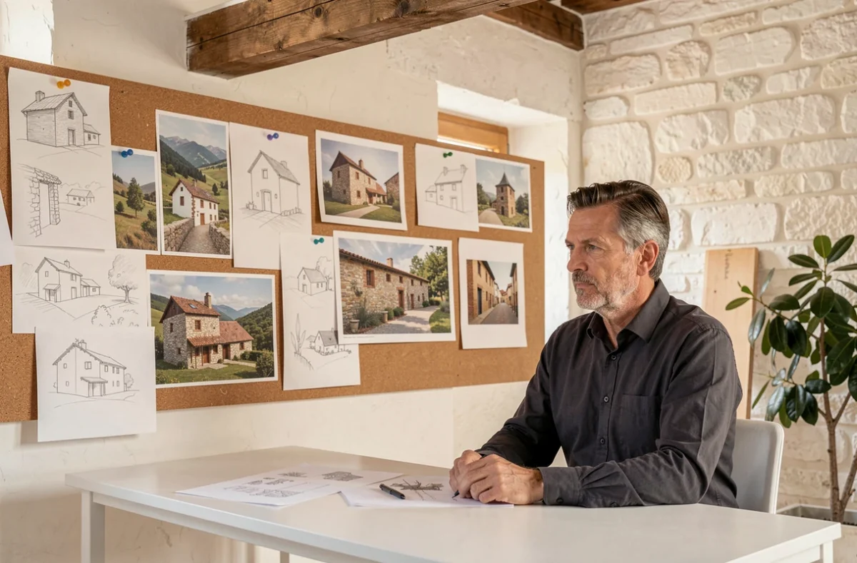 Architecte de l'Atelier TLPA étudiant des esquisses conceptuelles dans son studio aux murs en pierre blanche