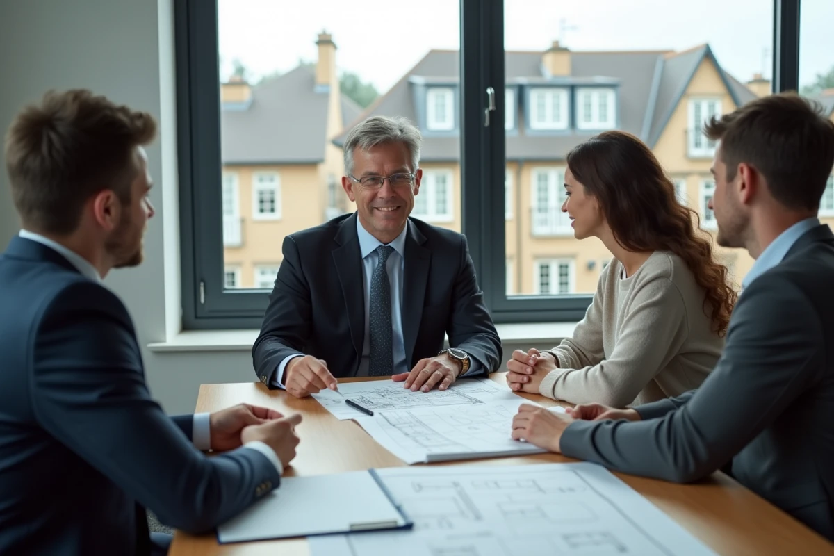 Avocat en costume avec clients analysant des documents juridiques