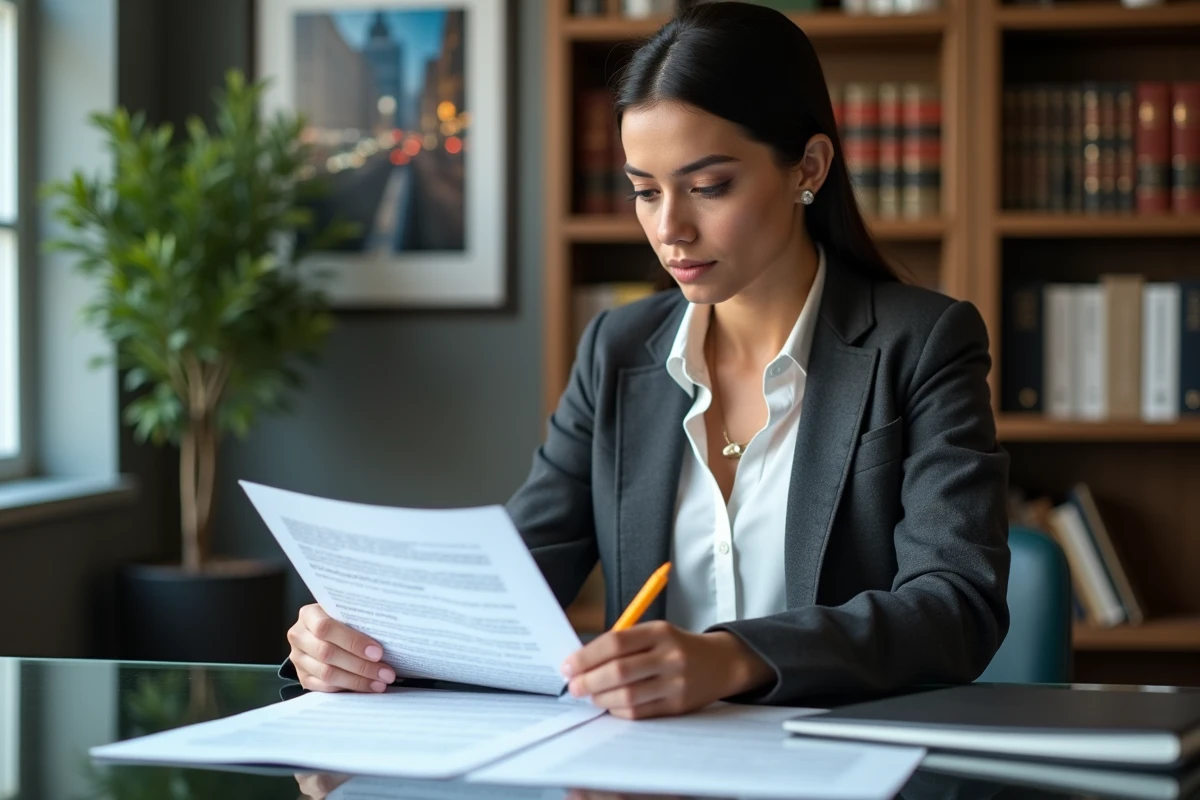 Avocate en droit immobilier étudiant un document de réglementation de zonage