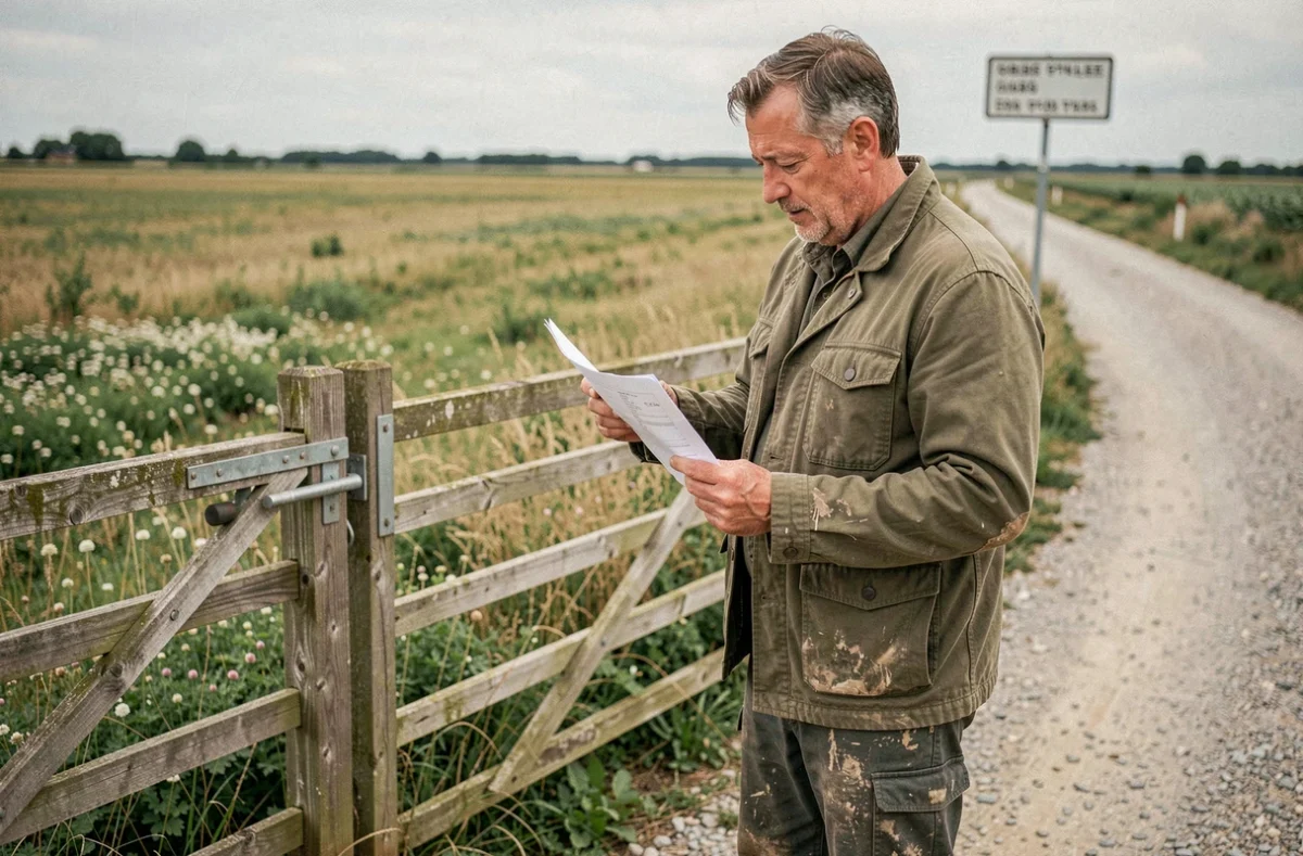 Agriculteur consultant un contrat de bail rural devant l'entrée d'un terrain agricole destiné à l'élevage extensif