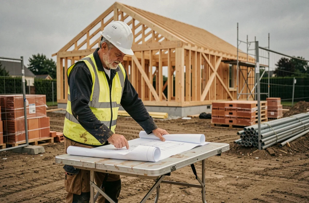 Professionnel du bâtiment de Batiment Services Et Techniques consultant des plans sur un chantier de maison à Reims