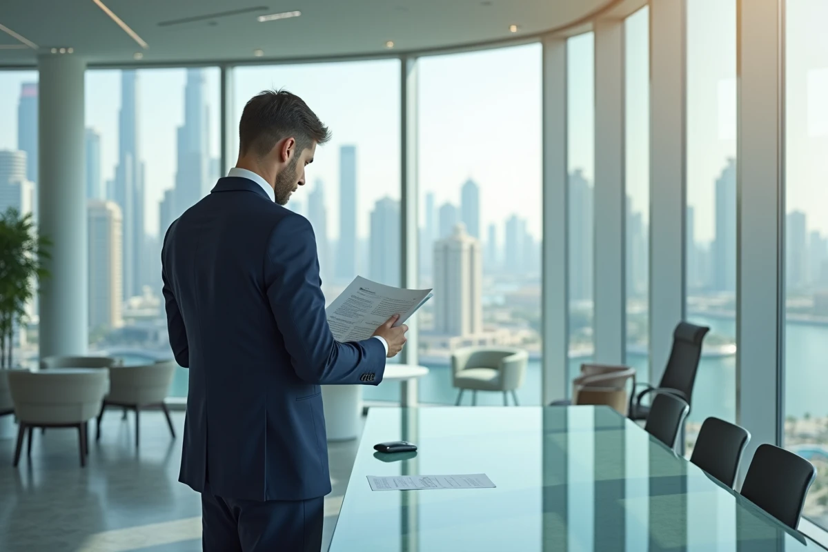 Intérieur d'un bureau moderne dans un gratte-ciel de Dubai avec vue panoramique sur la skyline et le lac