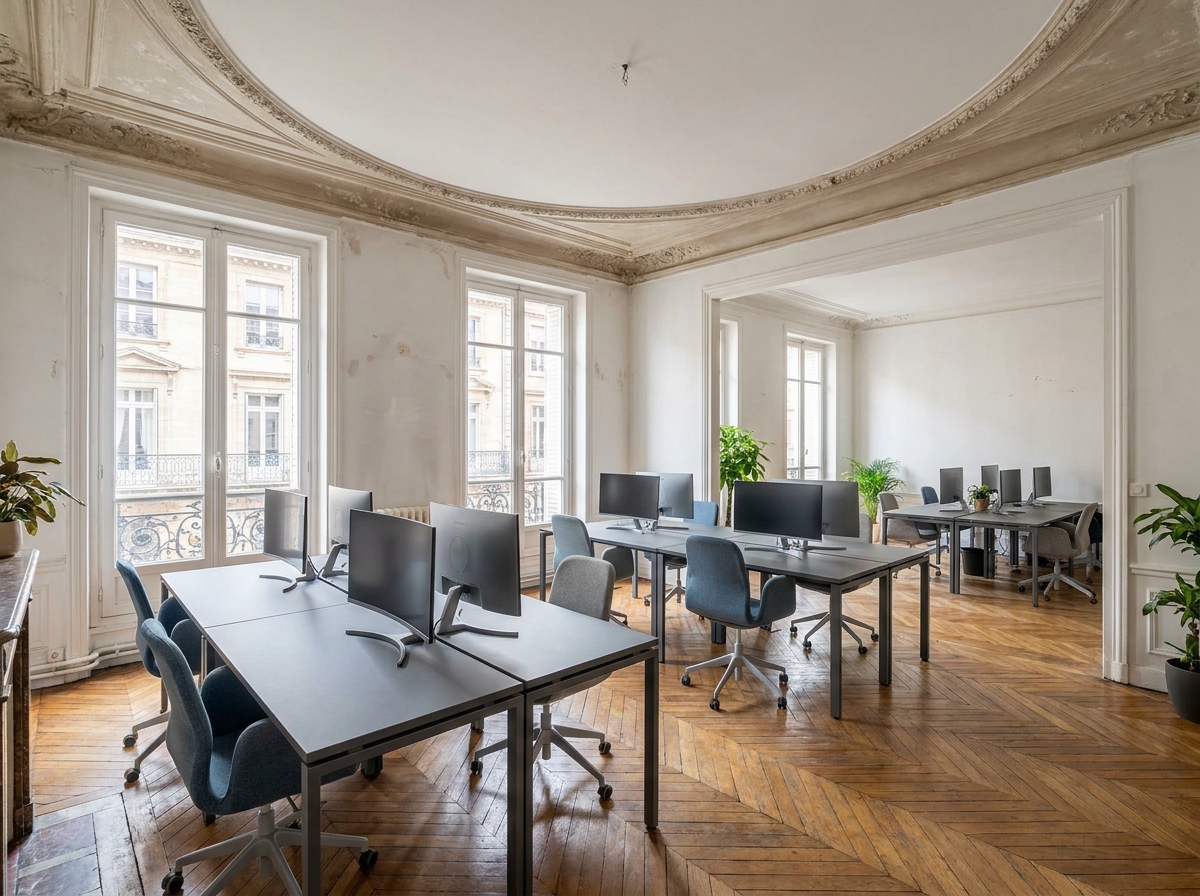 Espace de bureaux moderne aménagé dans un ancien immeuble haussmannien à Toulouse avec parquet en point de Hongrie et moulures au plafond