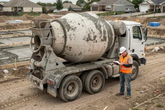 Camion toupie de béton garé sur un chantier de fondations résidentielles avec un ouvrier en gilet orange consultant des documents
