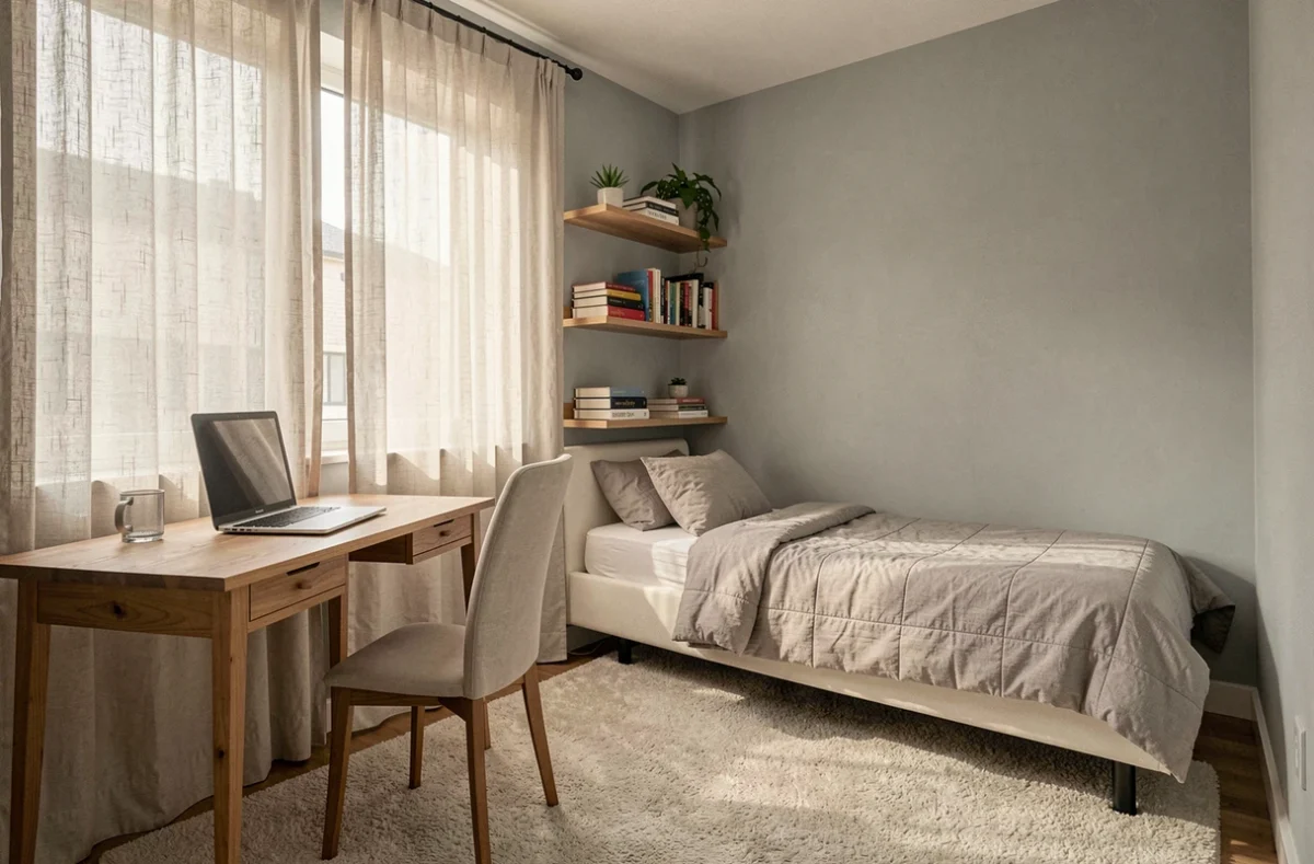 Chambre secondaire d'un appartement 3 pièces aménagée en bureau à domicile avec lit simple et étagères
