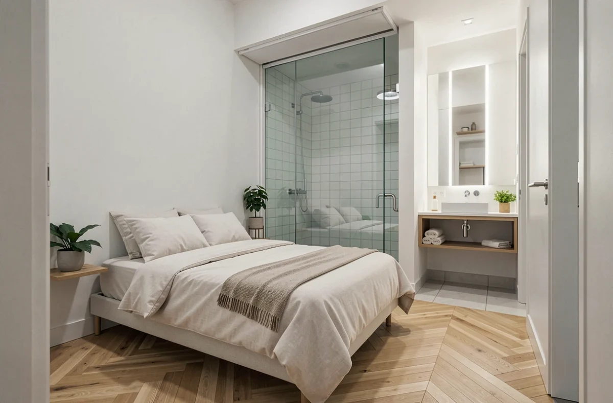 Chambre optimisée moins de 9m² avec lit escamotable et salle d'eau en niche vitrée