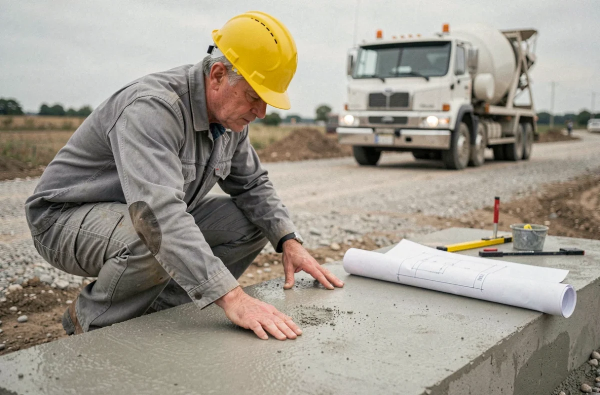 Chef de chantier inspectant une dalle de béton fraîchement coulée avec une toupie en arrière-plan sur un chantier de construction