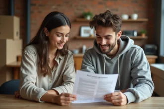 Deux colocataires jeunes adultes examinant un contrat de location et un document de caution sur une table en bois dans un appartement partagé