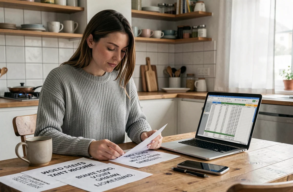 Femme comparant des devis de déménagement sur table avec ordinateur portable et documents imprimés